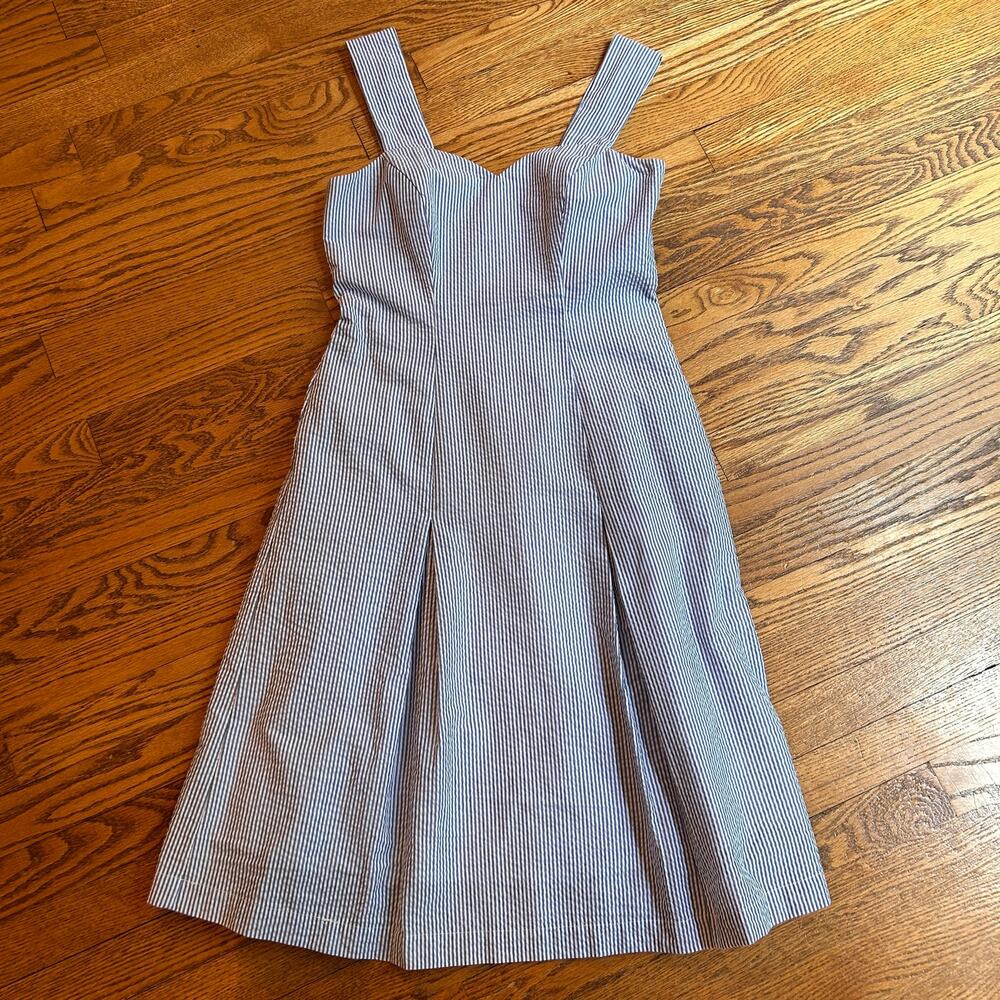 J. Peterman Blue White Striped Seersucker A-Line Sweetheart Dress Size 4